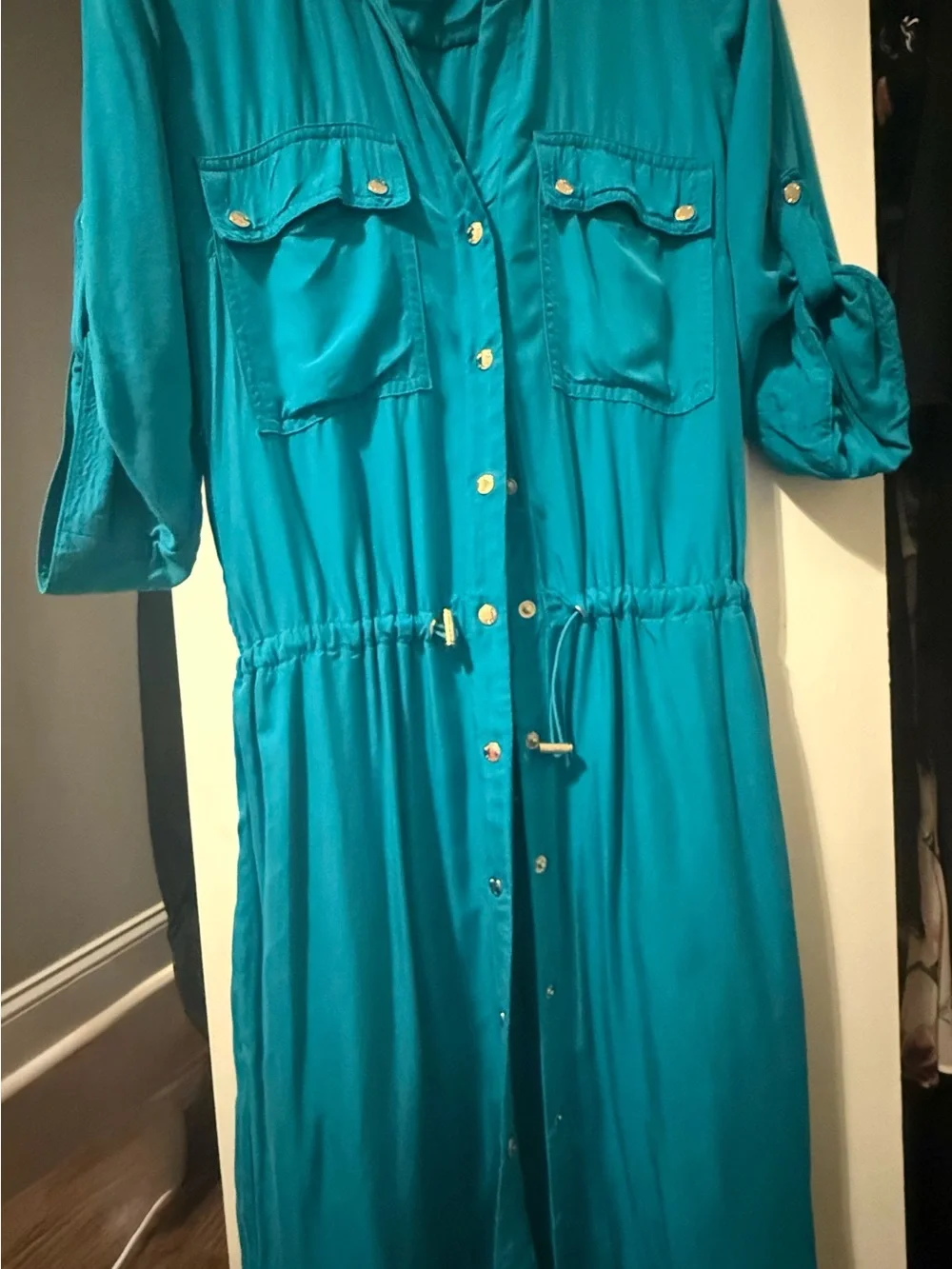 Michael Michael Kors Teal Utility Cinch-Waist Shirt Dress Gold Hardware - Size S